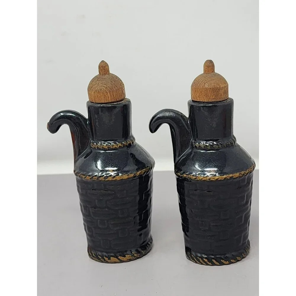 Vintage Black Ceramic Oil & Vinegar Cruet Set With Cork Stoppers Retro MCM Decor